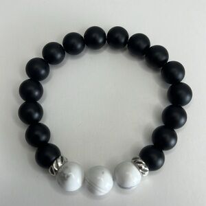Handmade One of a Kind Black, White & Gray Beads with Silver Accent Bracelet